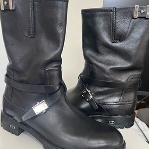 Christian Dior Black Leather  Moto Boots with Silver Hardware 38.5 Italy Perfect